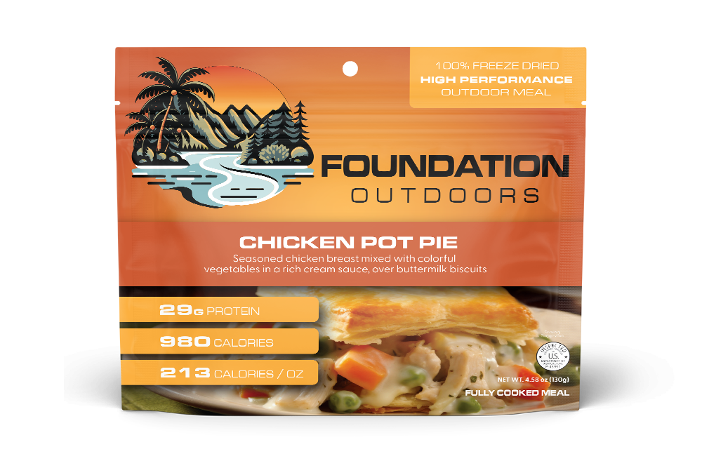 Foundation Outdoors chicken pot pie meal pouch showing a savory chicken and vegetable filling in a flaky crust.