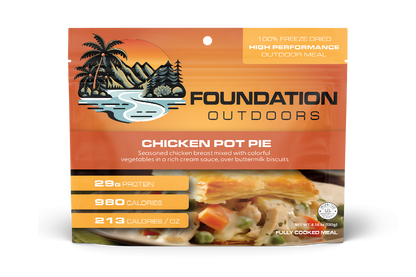 Foundation Outdoors chicken pot pie meal pouch showing a savory chicken and vegetable filling in a flaky crust.