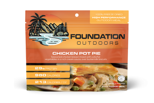 Foundation Outdoors chicken pot pie meal pouch showing a savory chicken and vegetable filling in a flaky crust.