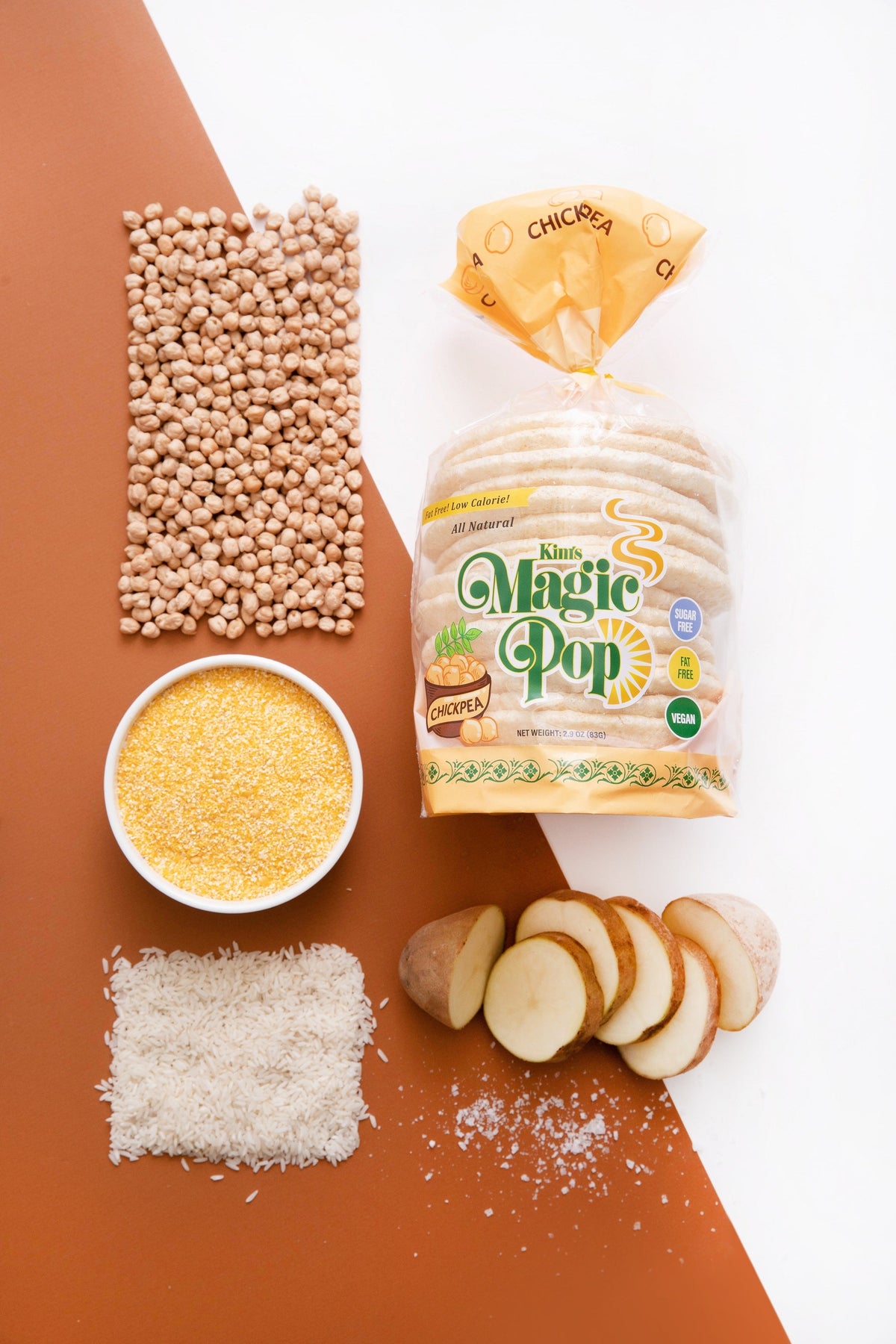 Kim's Magic Pop Chickpea and Lentil Pops combo, crunchy snack bags with colorful packaging, showcasing healthy, plant-based snack options.