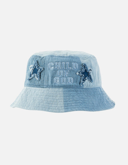 Kids denim bucket hat by Elevated Faith featuring "Child of God" design, perfect for children’s casual wear.
