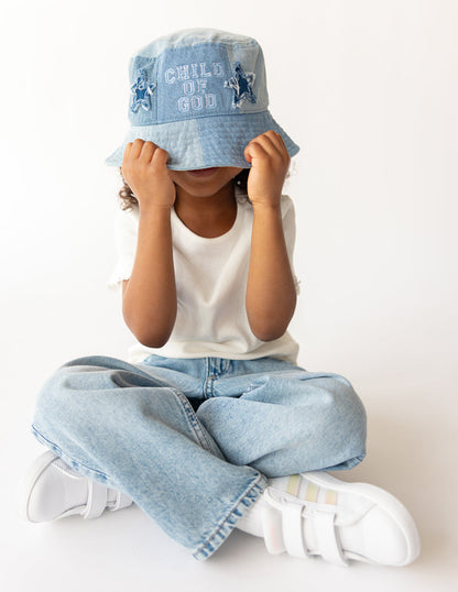 Denim kids bucket hat by Elevated Faith featuring Child of God logo, perfect for children's casual and outdoor wear.