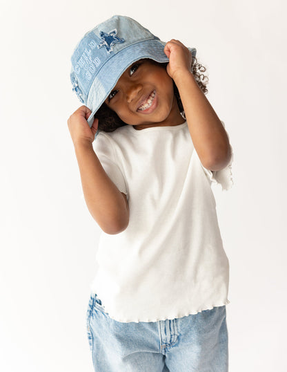Kids denim bucket hat with "Child of God" embroidered design by Elevated Faith, perfect for children’s casual wear.