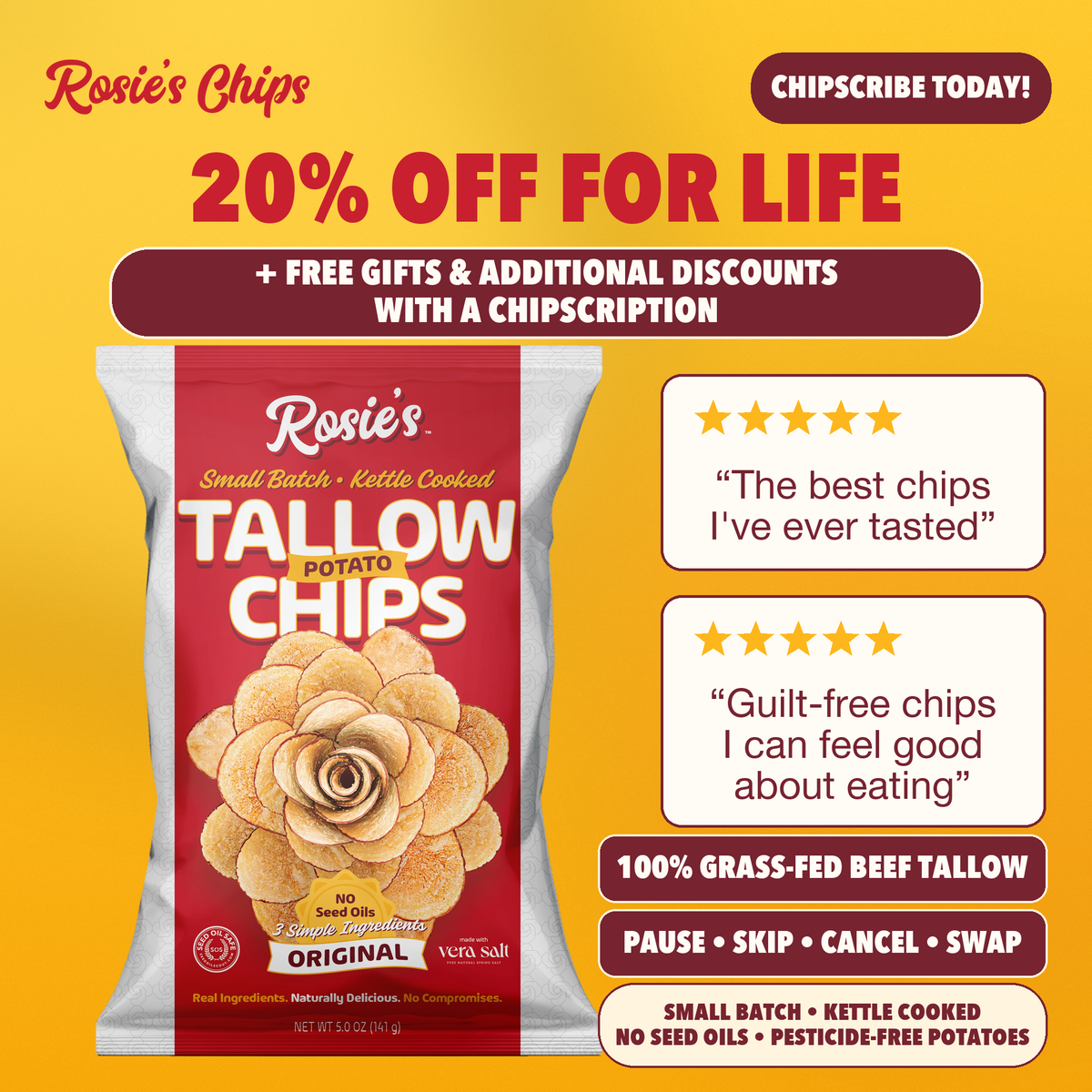 Crunchy Rosie's Chips potato chips in a bowl, showing golden, crispy snack slices from the Rosie's Chips brand
