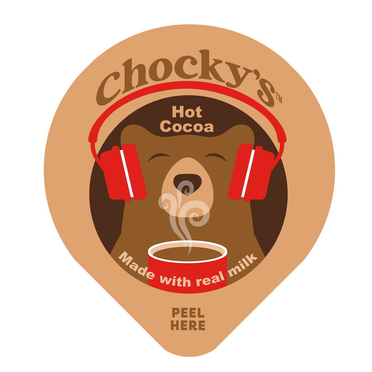 A steaming cup of Chocky's Hot Cocoa by Java House with whipped cream and chocolate drizzle on top.