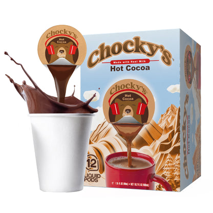 Creamy Chocky's Hot Cocoa by Java House served in a mug on a white background, showcasing rich chocolate flavor and smooth texture.
