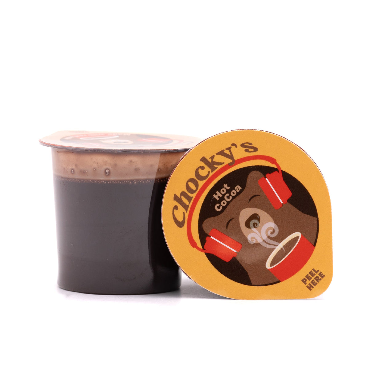 A warm cup of Chocky's Hot Cocoa from Java House with whipped cream and chocolate drizzle on top, served in a cozy mug.