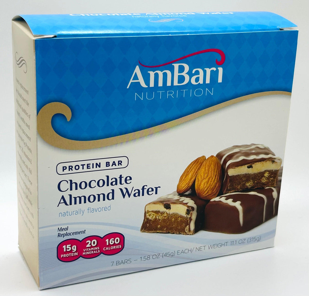 AmBari Nutrition chocolate almond wafer bars showing layered wafers with chocolate coating and almond pieces.