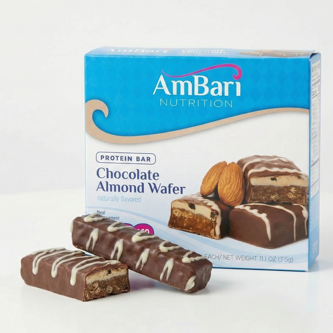 AmBari Nutrition chocolate almond wafer bar with layered wafers, chocolate coating, and almond pieces visible in the image.