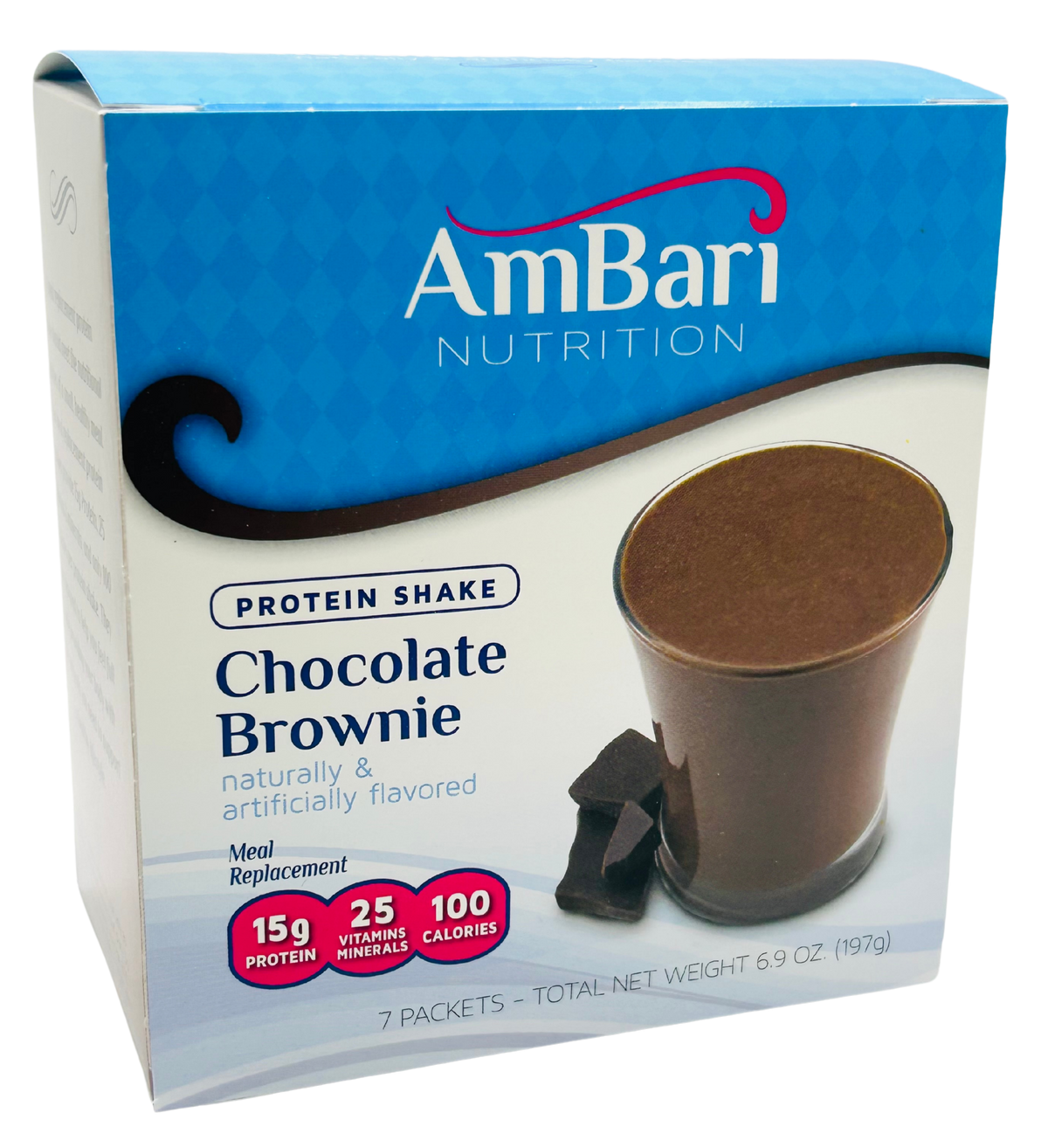 Chocolate Brownie Shake from AmBari Nutrition, showing a creamy chocolate protein shake in a glass with a chocolate brownie flavor.