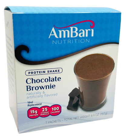 Chocolate Brownie Shake from AmBari Nutrition, showing a creamy chocolate protein shake in a glass with a chocolate brownie flavor.