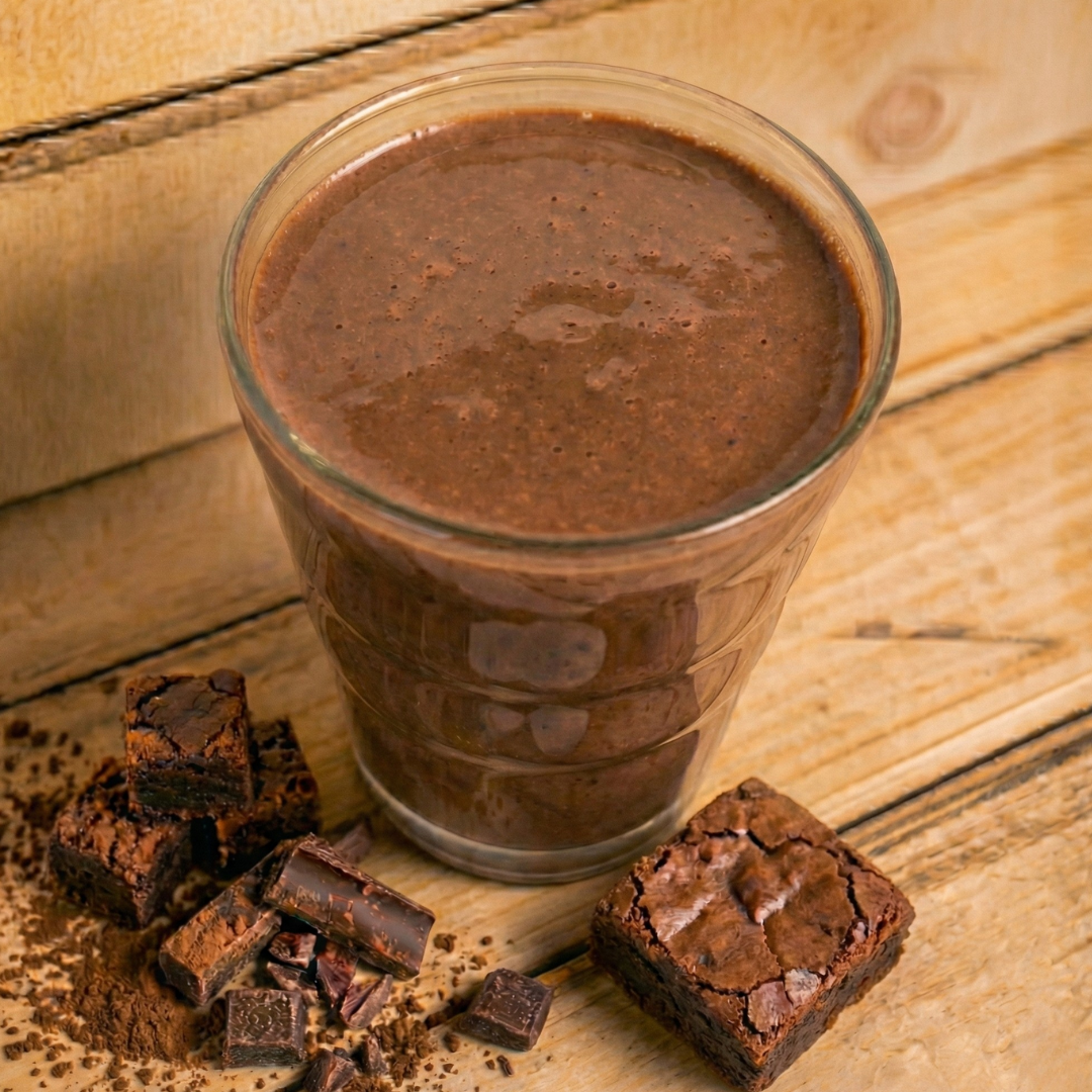 Chocolate Brownie Shake by AmBari Nutrition, a creamy chocolate protein shake in a glass with whipped topping and chocolate drizzle.