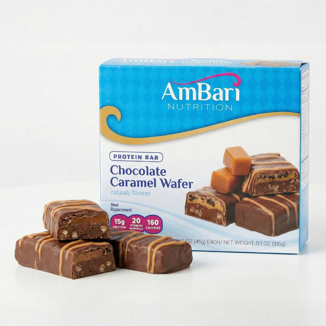 AmBari Nutrition chocolate caramel wafer bar showing layered chocolate, caramel filling, and crispy wafer texture.