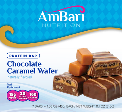 AmBari Nutrition chocolate caramel wafer protein bars showing layered wafers with chocolate and caramel coating.