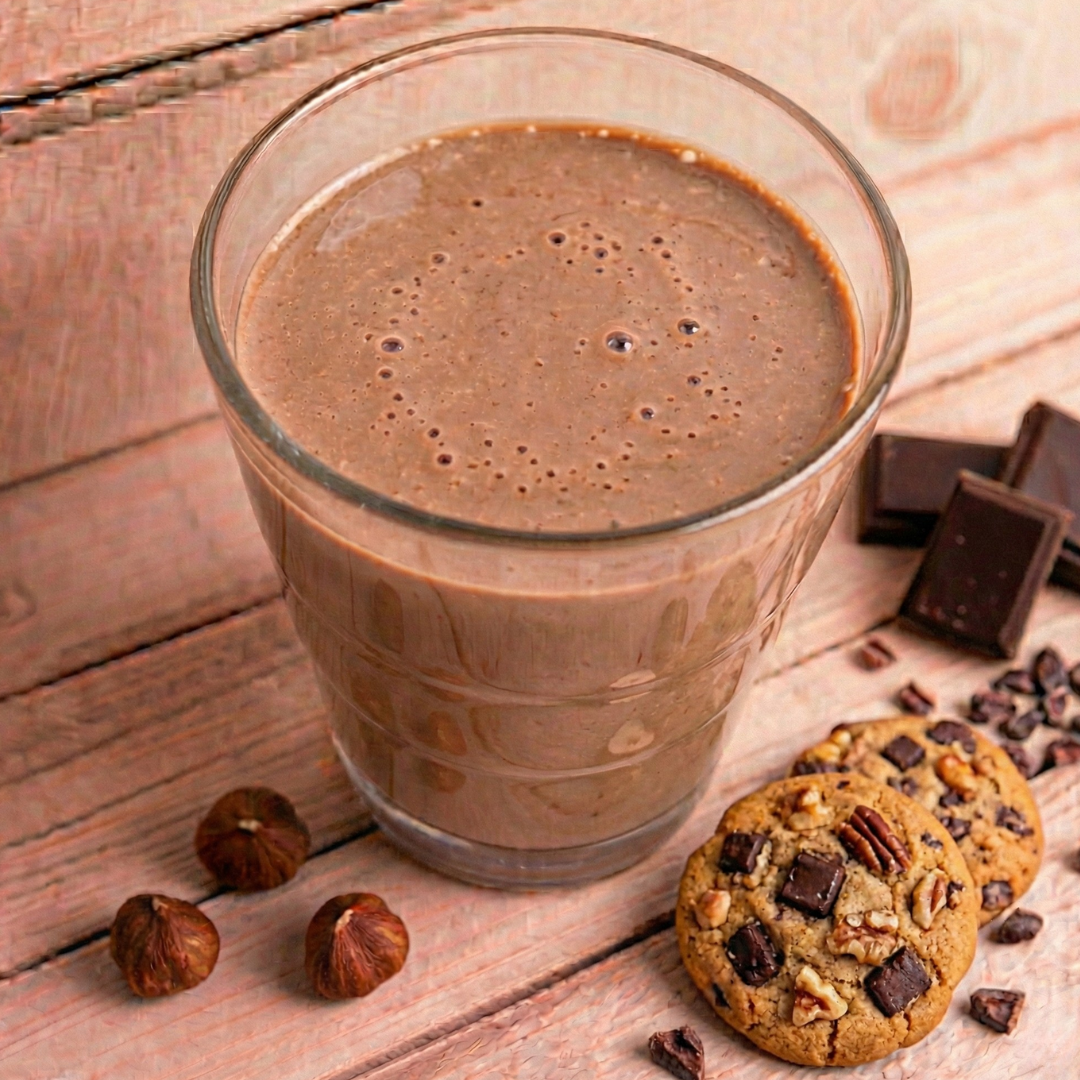 Creamy hazelnut cocoa shake by AmBari Nutrition featuring rich chocolate and nut flavors in a glass.