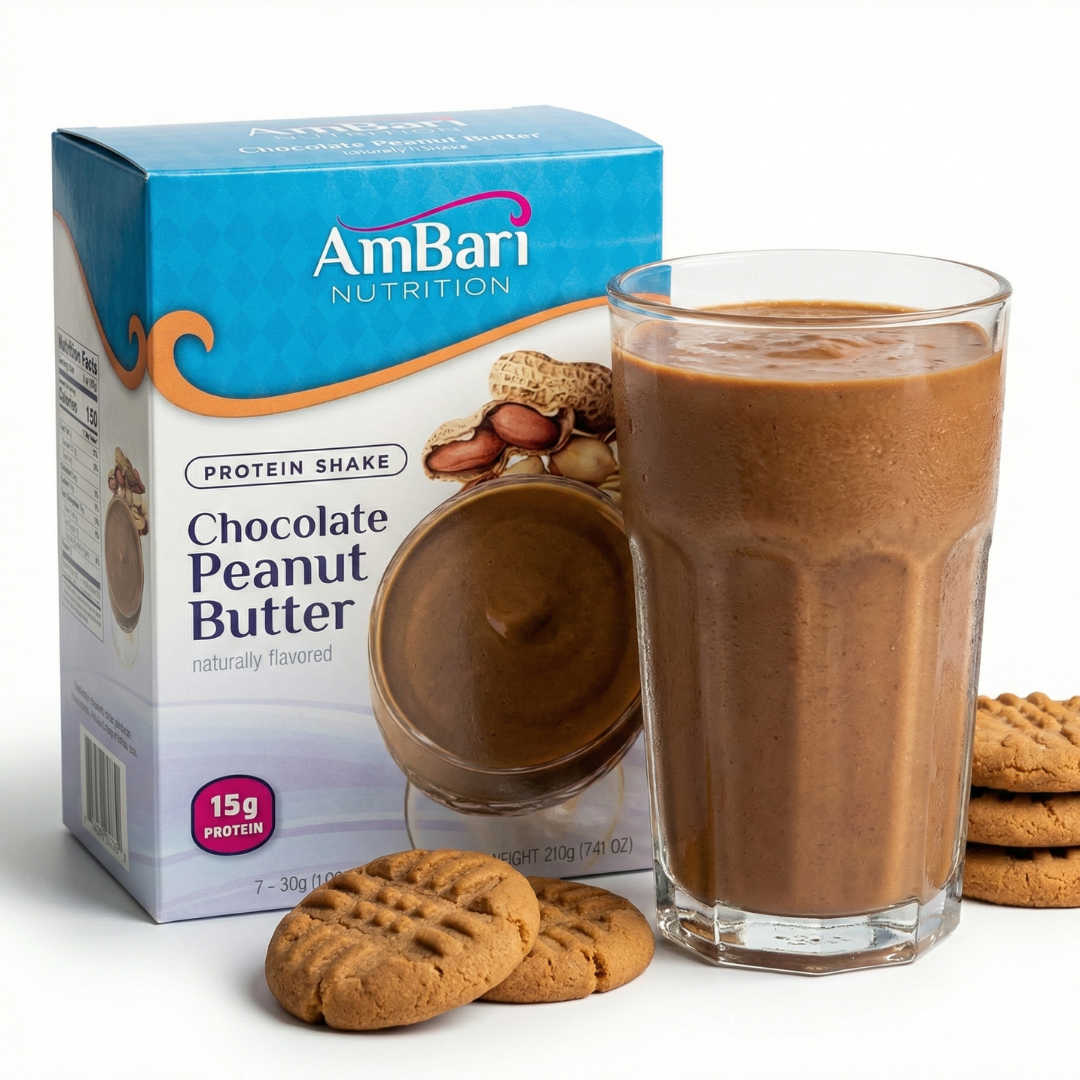 Chocolate peanut butter shake with 15g protein from AmBari Nutrition, showing a creamy, chocolate and peanut butter flavored drink.
