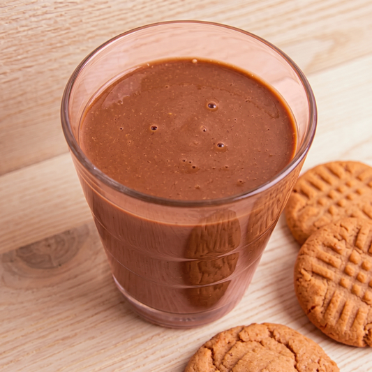 AmBari Nutrition chocolate peanut butter shake in a glass, creamy and rich with a smooth texture, ready to enjoy.