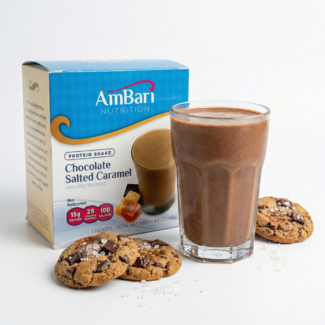 Chocolate salted caramel shake by AmBari Nutrition, showcasing a creamy beverage with rich chocolate and caramel flavors.