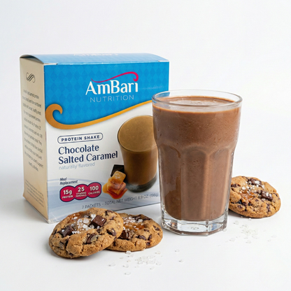 Chocolate salted caramel shake by AmBari Nutrition, showcasing a creamy beverage with rich chocolate and caramel flavors.