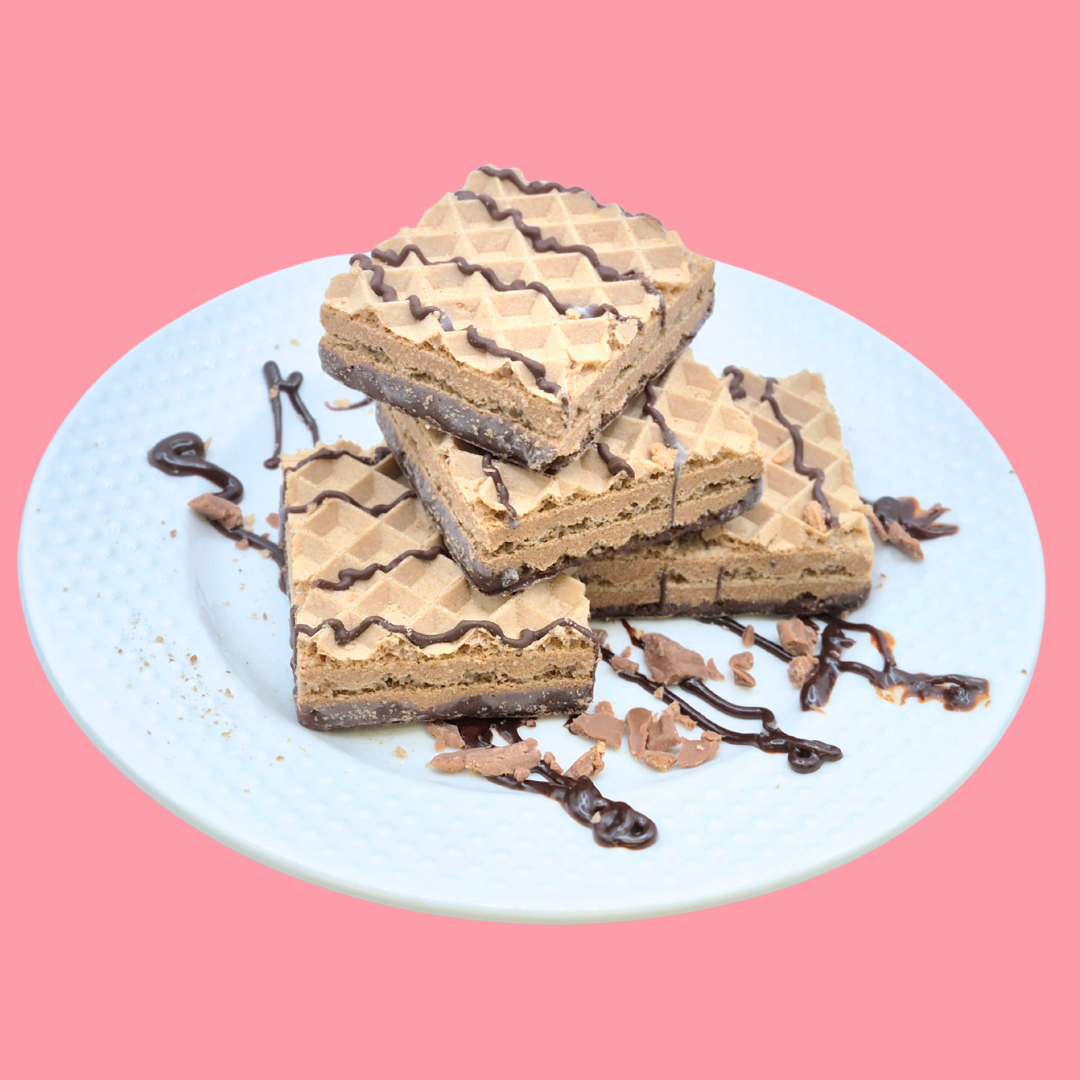 Chocolate wafer square bar from AmBari Nutrition's Proti Wafer SQUARES line, showcasing a crunchy, layered snack.