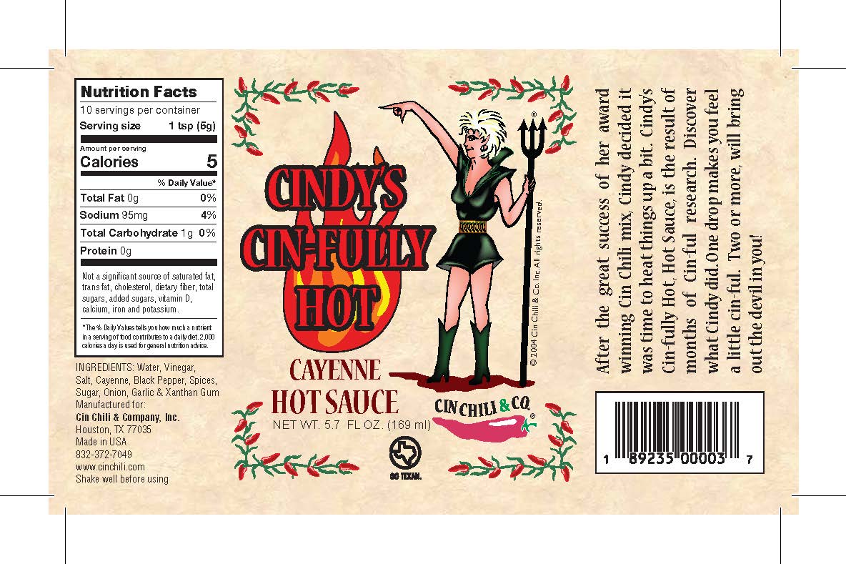 Cindy's Cin-fully Hot Cayenne Hot Sauce bottle from Cinderosa Ranch with bright label and fiery red hot sauce inside.