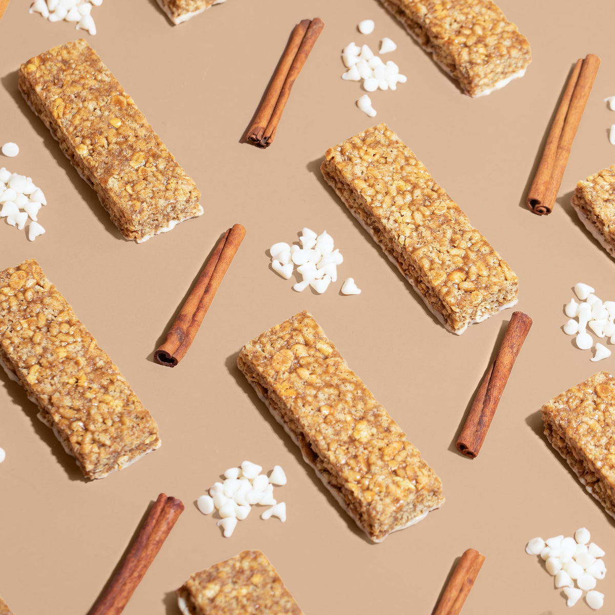 Biocare High Protein Cinnamon Crisp Bar showing a close-up of the crunchy, cinnamon-flavored snack bar with visible texture