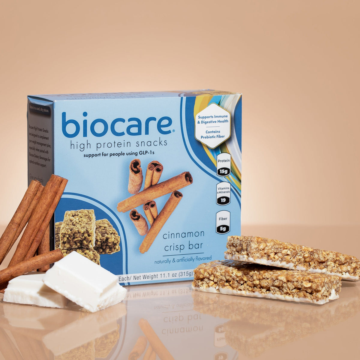 Biocare High Protein Cinnamon Crisp Bar showing the crunchy bar with cinnamon flavor and textured surface.