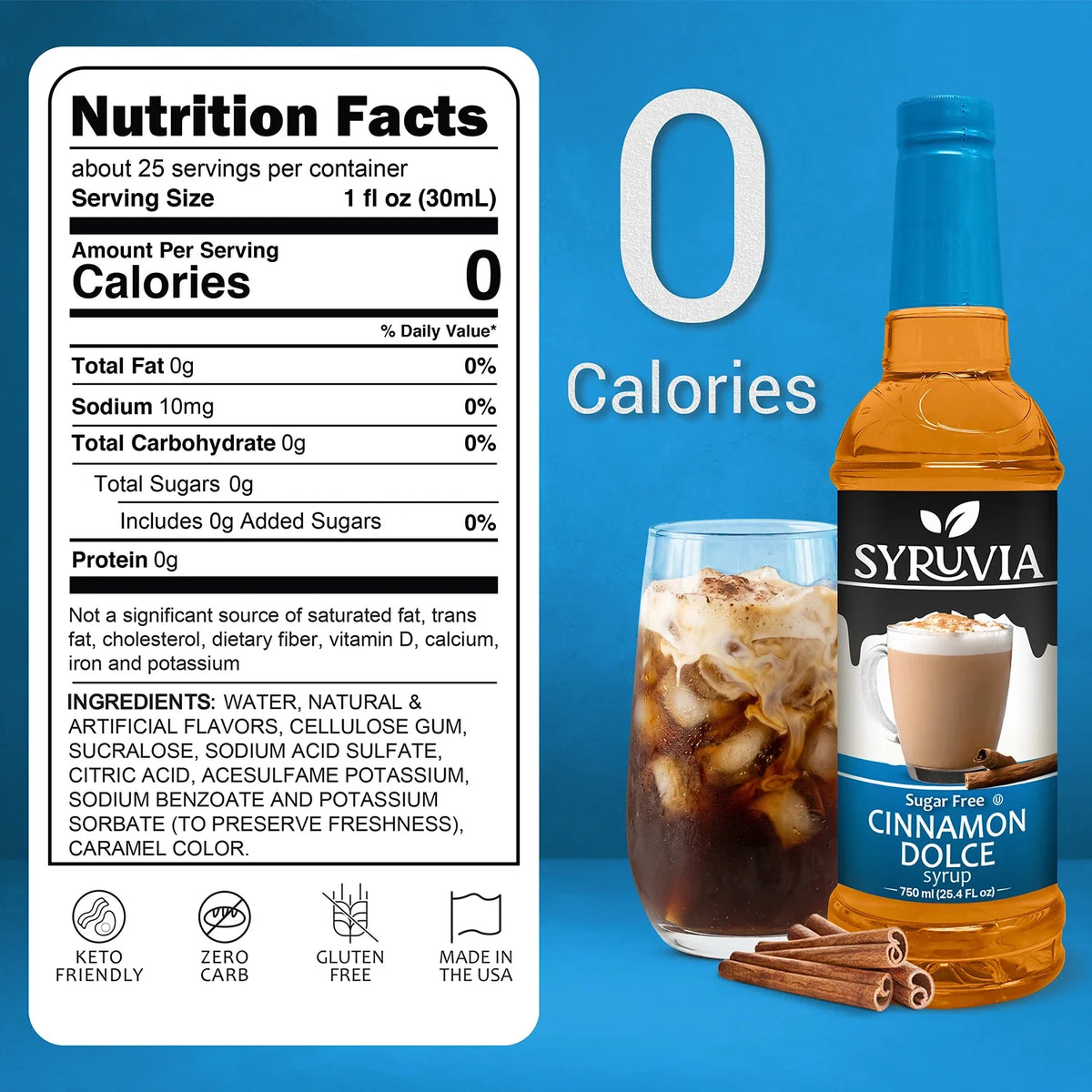 Bottle of Syruvia sugar-free cinnamon dolce syrup with cinnamon sticks and vanilla beans on a wooden surface.