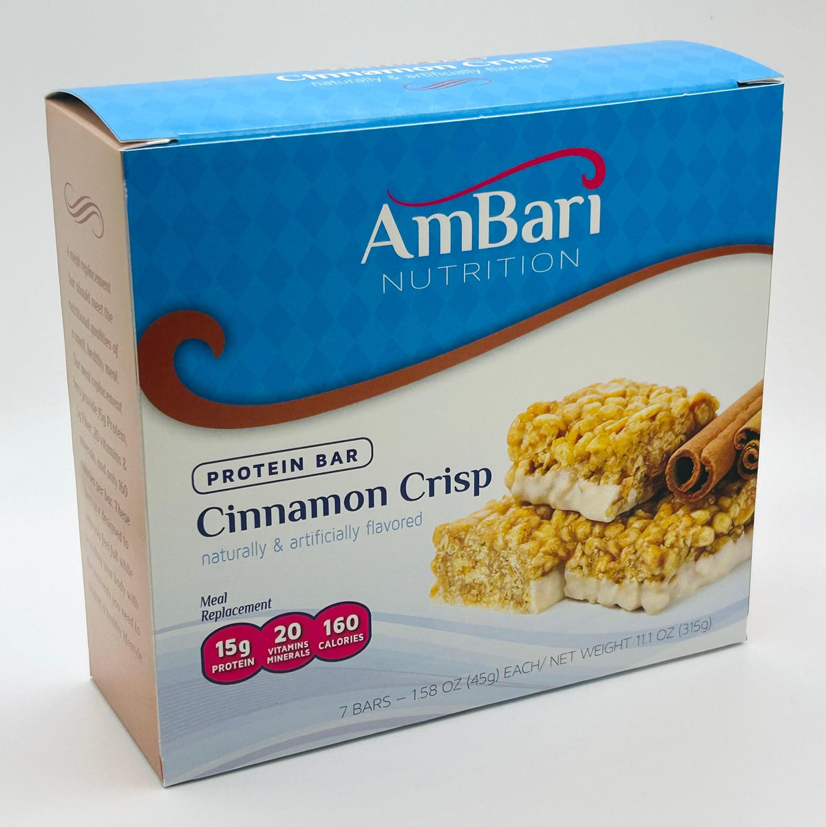 AmBari Nutrition Cinnamon Crisp Bars showing golden-brown bars with cinnamon coating and crispy texture.