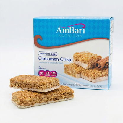 AmBari Nutrition Cinnamon Crisp Bars showing a close-up of the snack bars with cinnamon flavor and crispy texture.