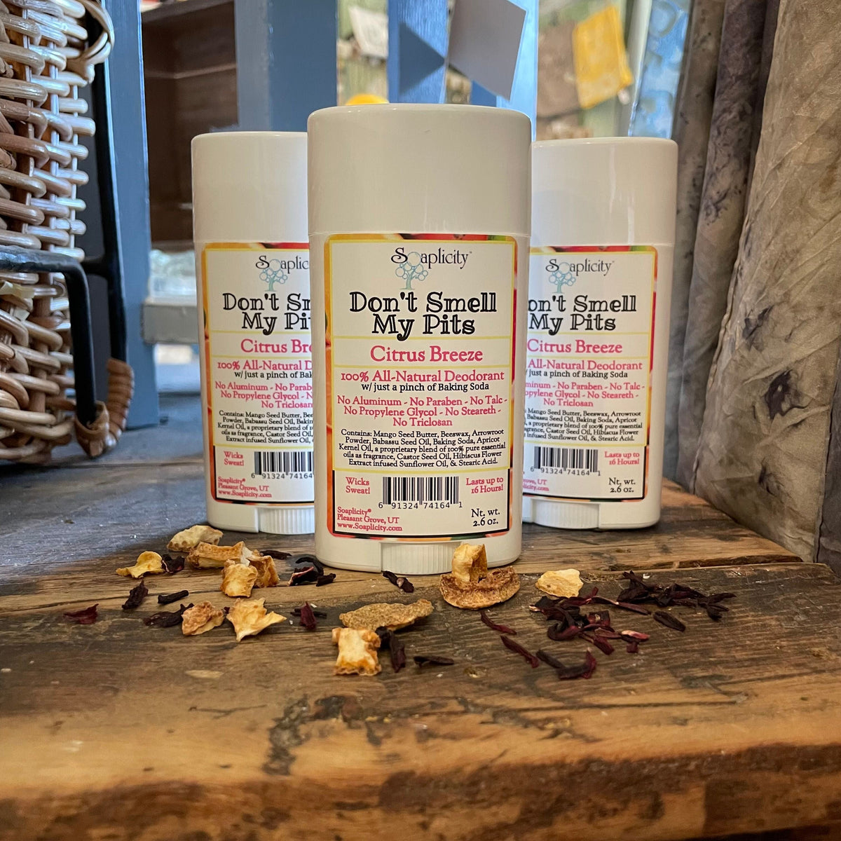 Don't Smell My Pits Citrus Breeze natural deodorant by Soaplicity in a sleek container with fresh citrus scent.