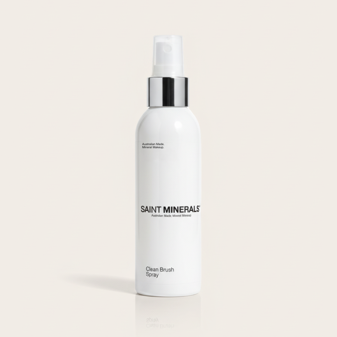 Panoply Beauty Saint Minerals Clean Brush Spray bottle, a natural makeup brush cleaner with spray nozzle for easy use.