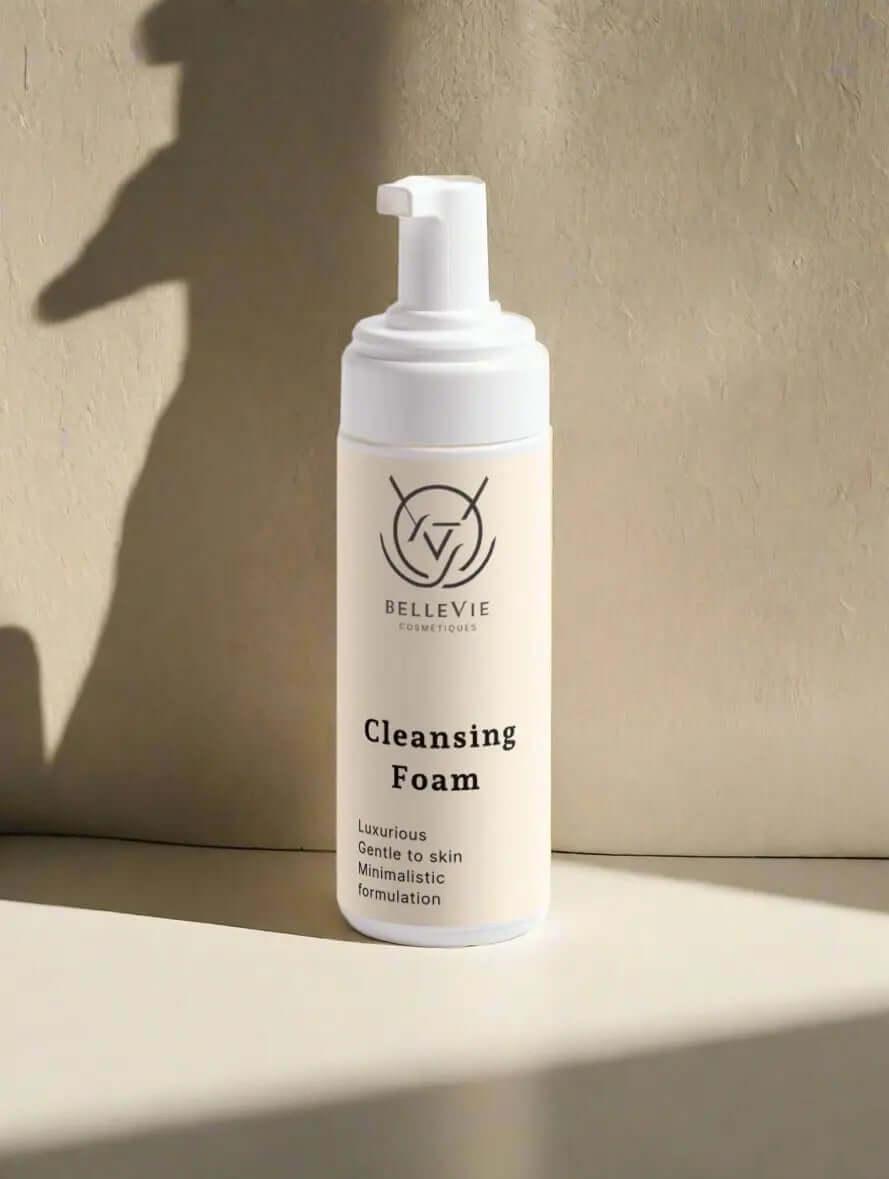 BelleVie Cosmétiques cleansing foam in a 150ml bottle, gentle makeup remover for fresh, supple skin.