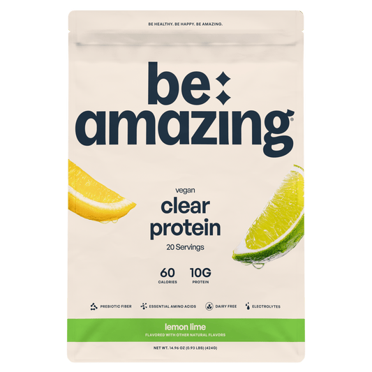 Be Amazing Clear Vegan Protein in Lemon Lime flavor, showing a transparent bottle with lemon and lime slices, highlighting refreshing drink.