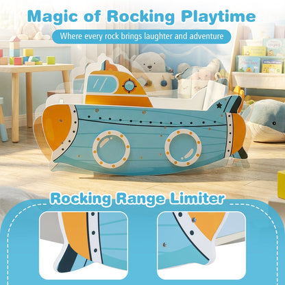 Wooden submarine rocking climber with rotating propeller, toddler climbing toy made by GBruno Store, features a playful marine design.