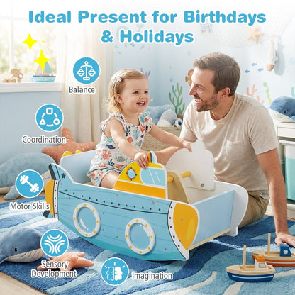 Wooden submarine rocking climber with rotating propeller, toddler climbing toy by GBruno Store, features smooth wood finish and playful design.