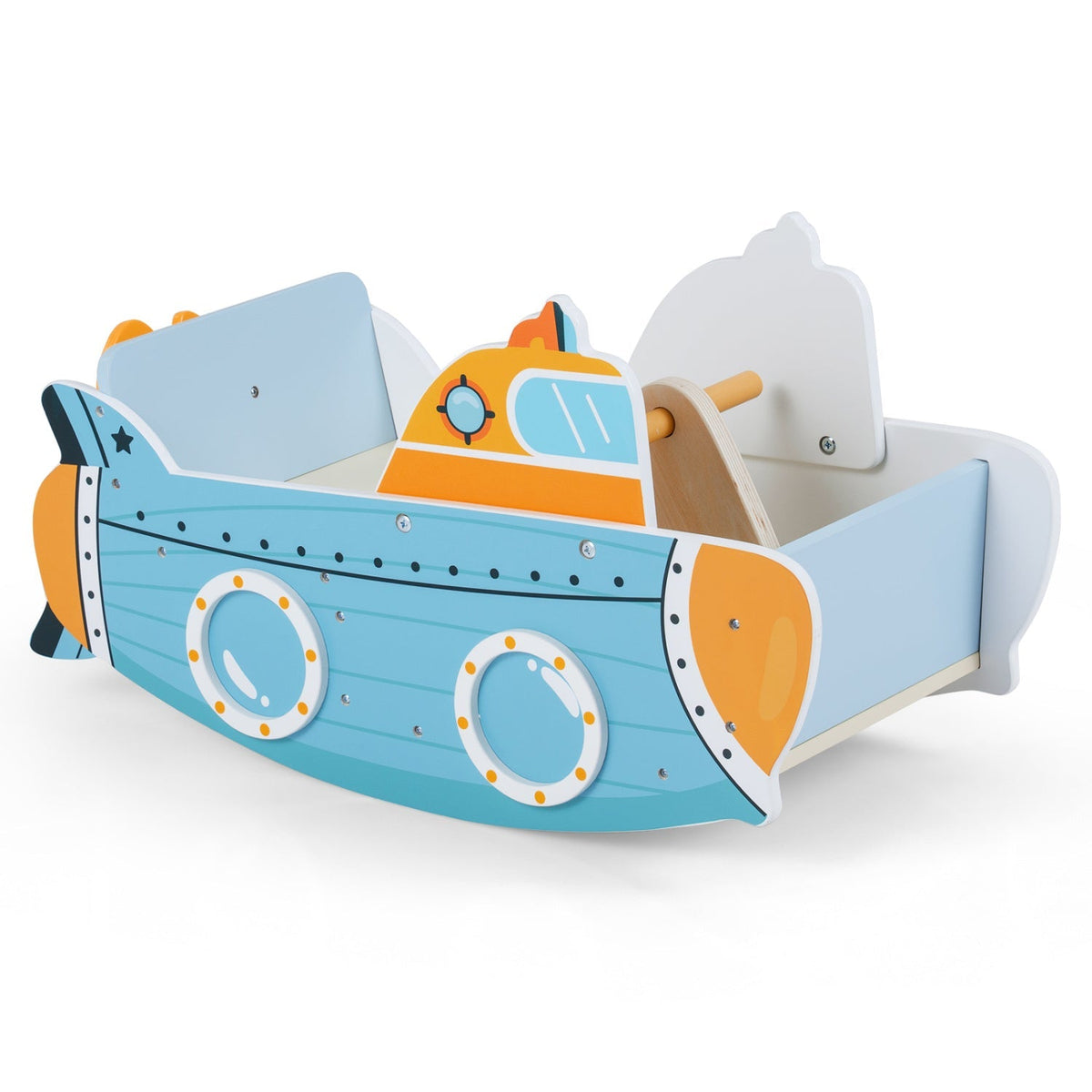 Wooden submarine rocking climber with rotating propeller, toddler climbing toy by GBruno Store for imaginative play.