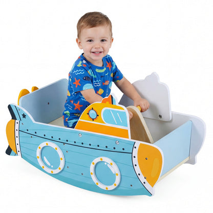 Wooden submarine rocking climber with rotating propeller, toddler climbing toy from GBruno Store, handcrafted wooden play equipment.