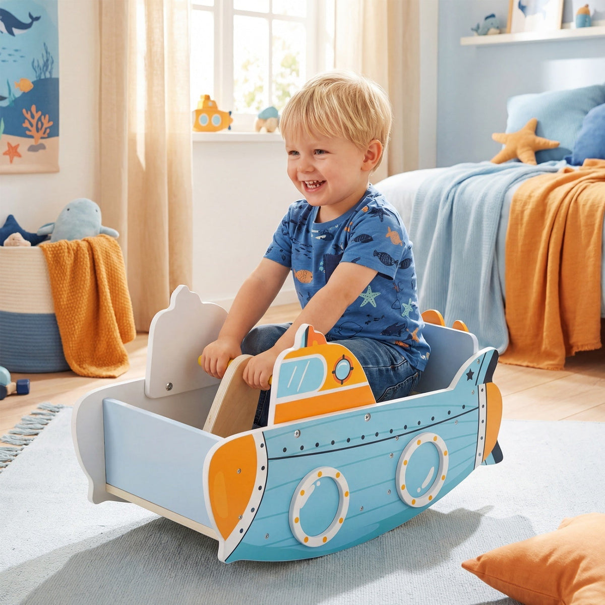 Wooden submarine rocking climber with rotating propeller, toddler climbing toy made by GBruno Store, sturdy and child-friendly design.