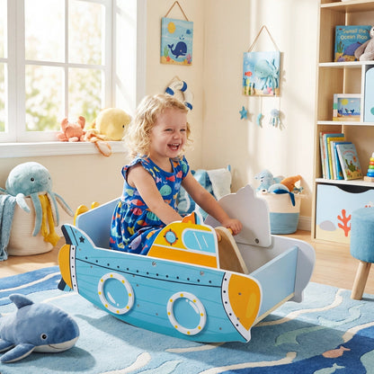 Wooden submarine rocking climber toy with rotating propeller, ideal for toddlers, by GBruno Store.