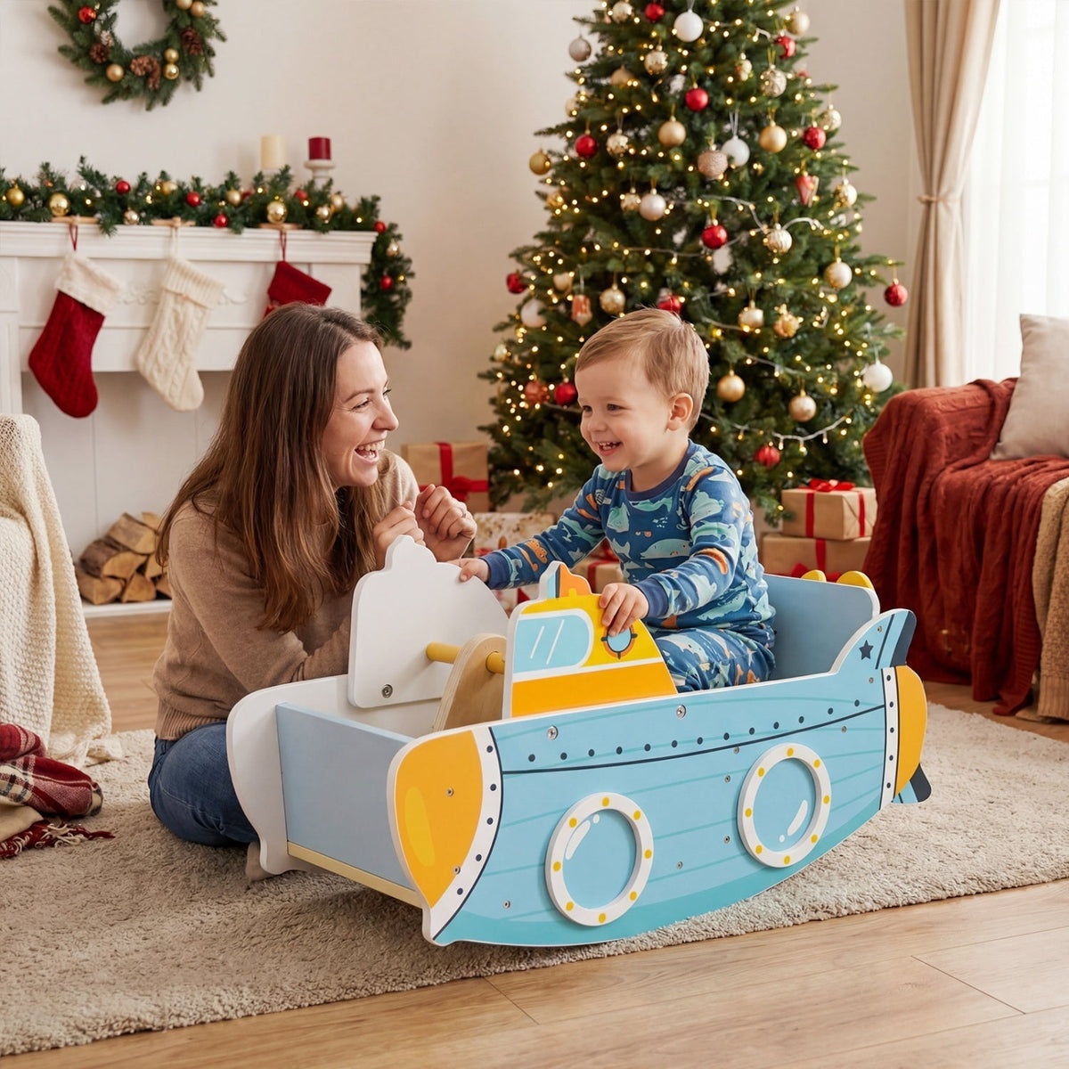 Wooden submarine rocking climber with rotating propeller for kids, made of natural wood, provides engaging indoor play for children.