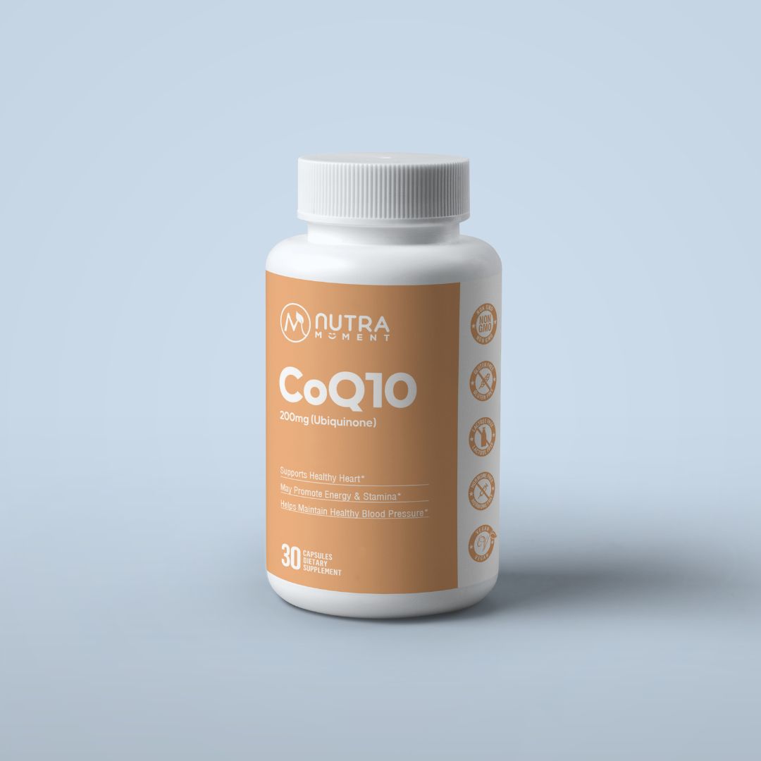 Nutra Moment CoQ10 (ubiquinone) supplement bottle with capsules in clear container, healthy lifestyle product for energy support.