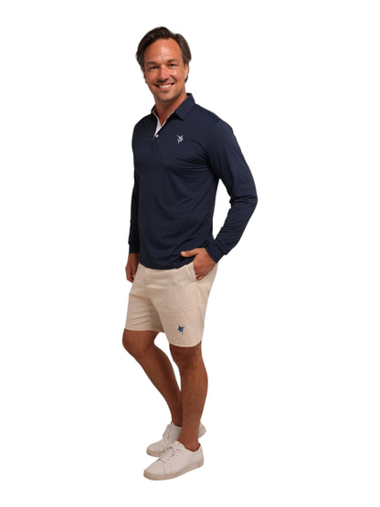 Navy Coast Long Sleeve Polo shirt by White Water Life, featuring a classic collar and button-up front, displayed on a neutral background.