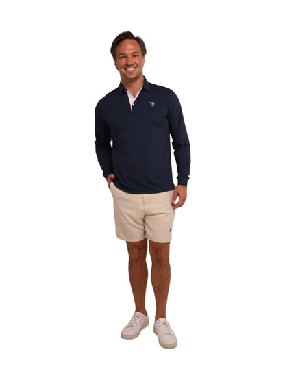 Navy Coast Long Sleeve Polo shirt by White Water Life, featuring a classic collar and button-up front, displayed on a mannequin.
