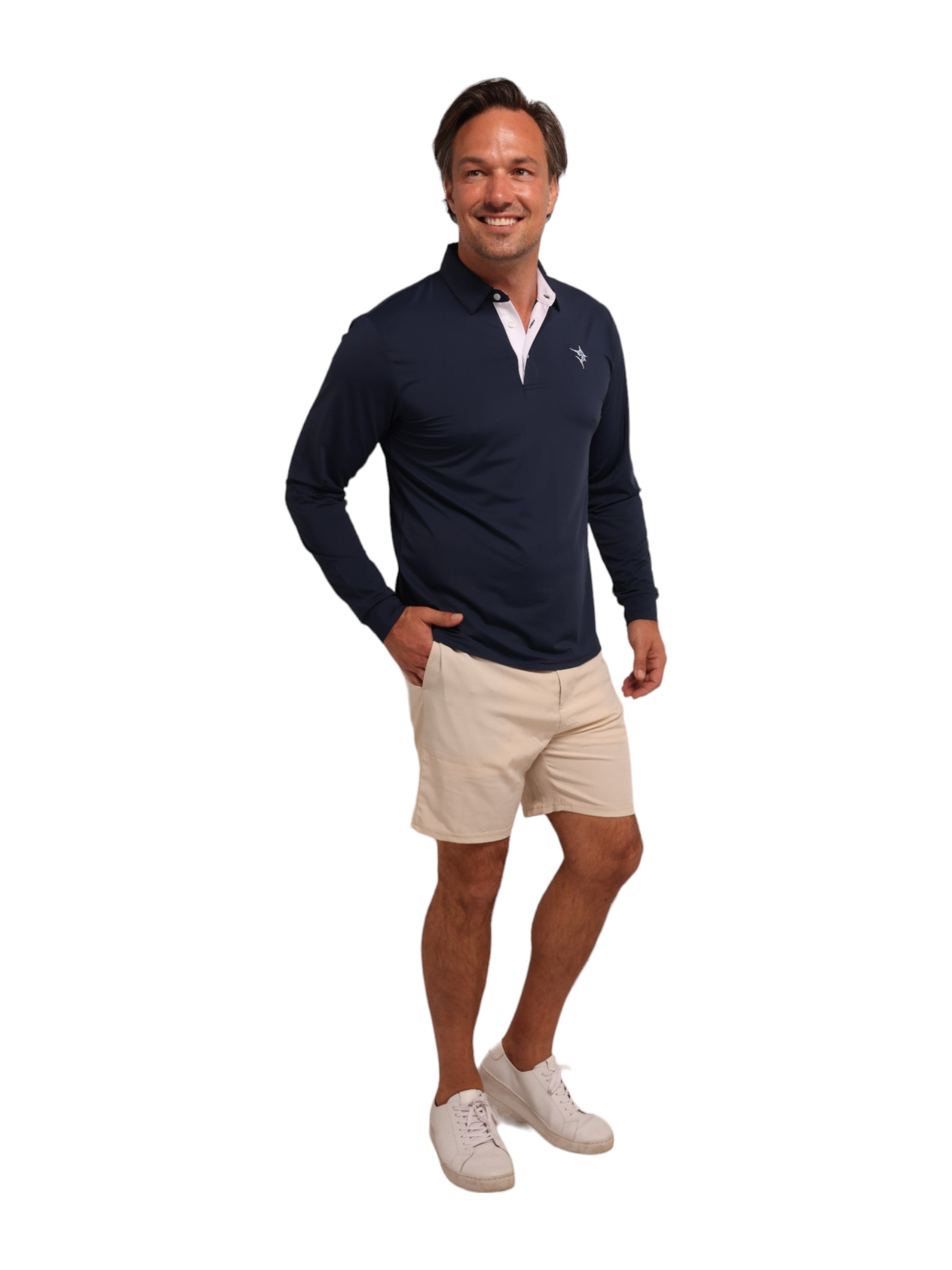 White Water Life Coast long sleeve polo shirt in navy, featuring a classic collar and button-up design for casual style.