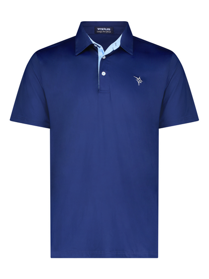 White Water Life Coastline navy polo shirt with a classic collar and short sleeves, displayed on a plain background.