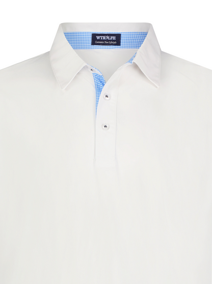 White Water Life Coastline Polo in white, casual men's polo shirt with collar and short sleeves, front view.