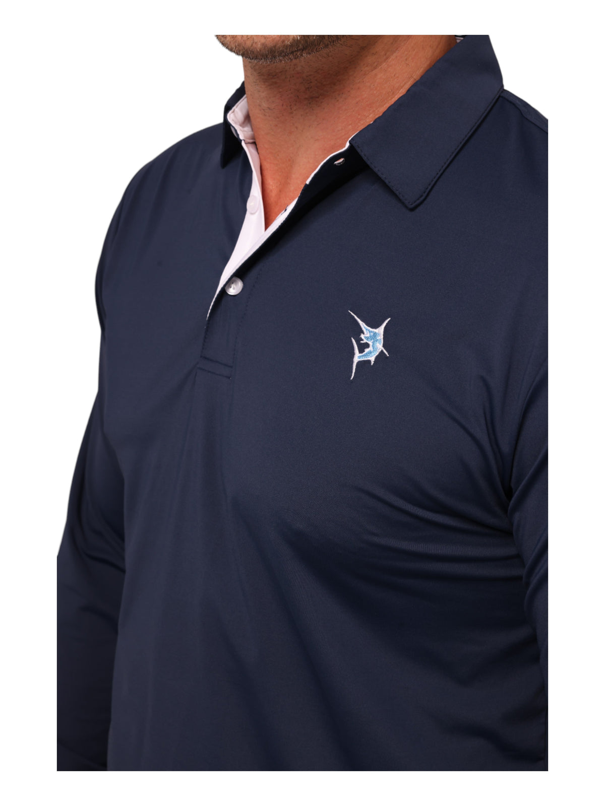 Navy Coast Long Sleeve Polo shirt by White Water Life featuring a logo on the chest, shown on a plain background.