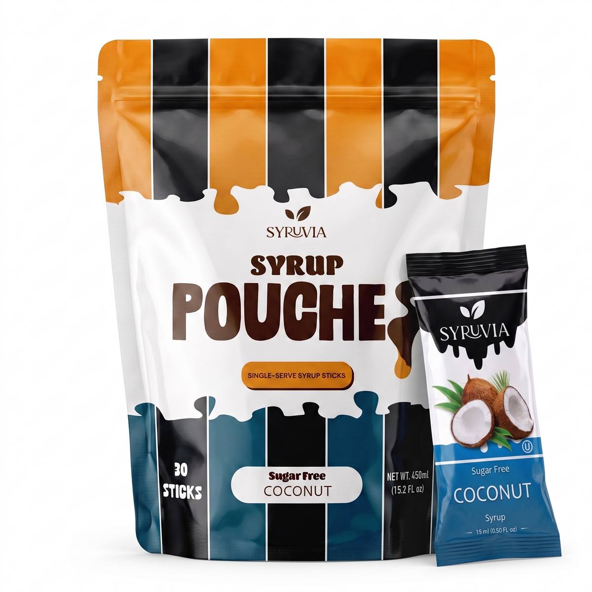 Sugar-free coconut syrup pouch by Syruvia, featuring a clear pouch with coconut-flavored syrup inside.