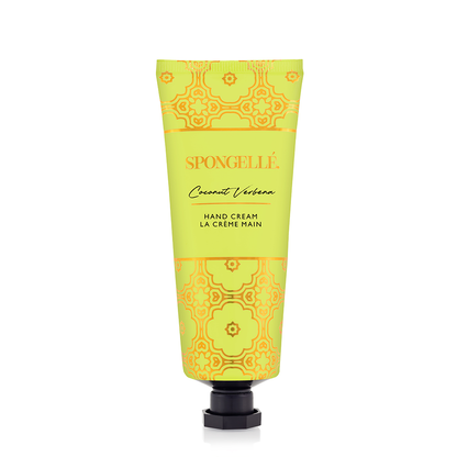 Spongellé Coconut Verbena hand cream tube featuring tropical coconut and floral verbena scent with smooth, nourishing texture.